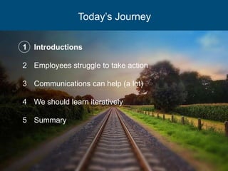 Today’s Journey
1 Introductions
2 Employees struggle to take action
3 Communications can help (a lot)
4 We should learn iteratively
5 Summary
 
