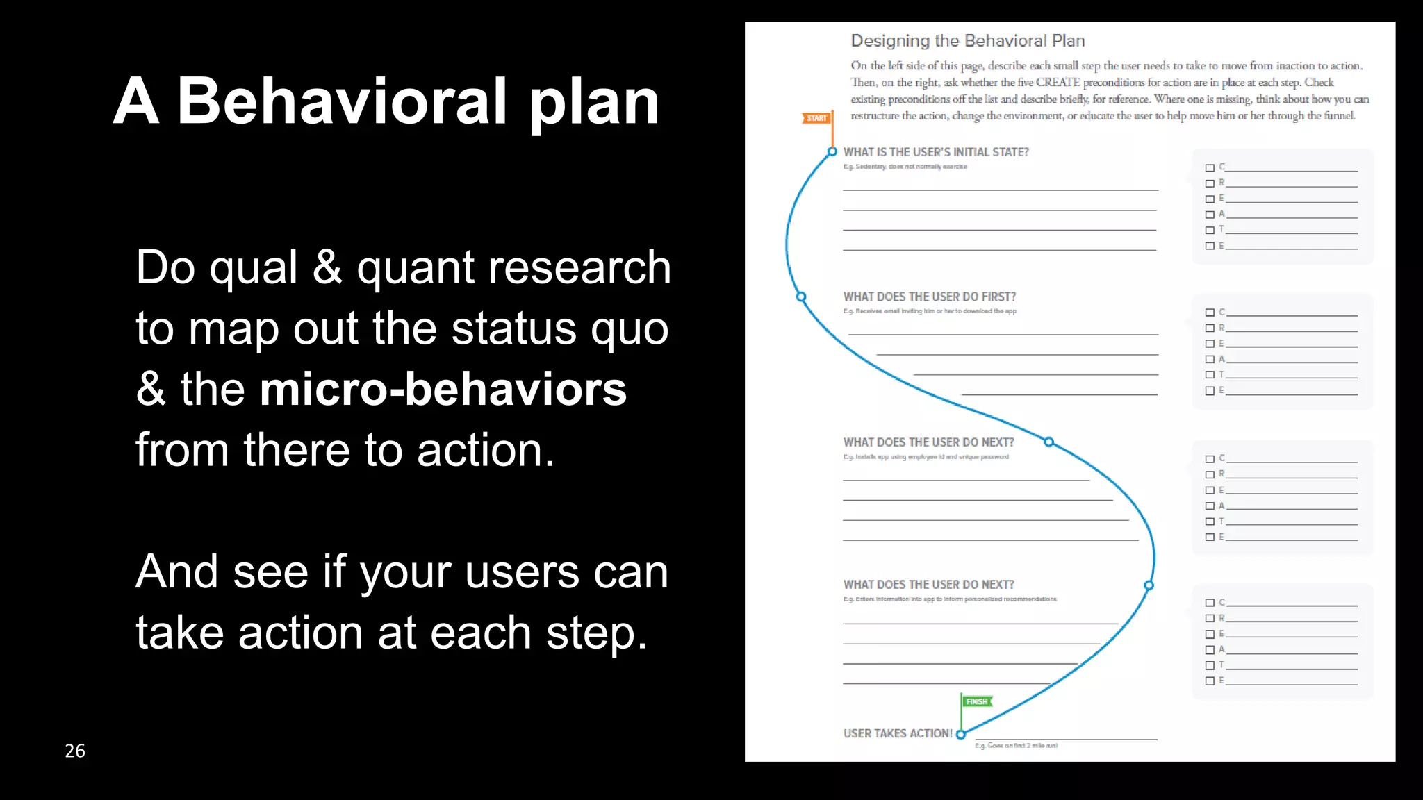 A Behavioral plan
Do qual & quant research
to map out the status quo
& the micro-behaviors
from there to action.
And see if your users can
take action at each step.
26
 