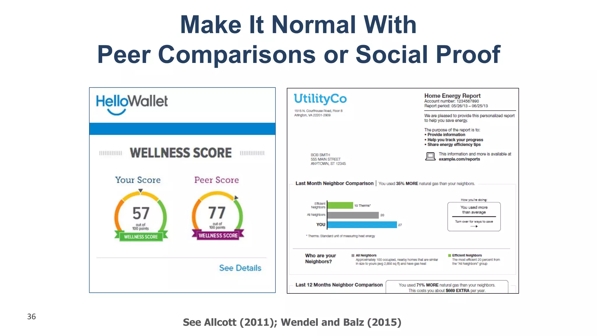 Make It Normal With
Peer Comparisons or Social Proof
See Allcott (2011); Wendel and Balz (2015)
36
 