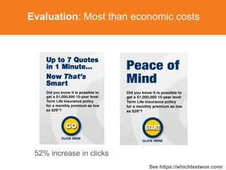 Evaluation: Most than economic costs
52% increase in clicks
See https://whichtestwon.com/
 