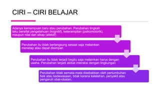 CIRI – CIRI BELAJAR
Adanya kemampuan baru atau perubahan. Perubahan tingkah
laku bersifat pengetahuan (kognitif), keterampilan (psikomotorik),
maupun nilai dan sikap (afektif)
Perubahan itu tidak berlangsung sesaat saja melainkan
menetap atau dapat disimpan
Perubahan itu tidak terjadi begitu saja melainkan harus dengan
usaha. Perubahan terjadi akibat interaksi dengan lingkungan
Perubahan tidak semata-mata disebabkan oleh pertumbuhan
fisik atau kedewasaan, tidak karena kelelahan, penyakit atau
pengaruh obat-obatan.
 