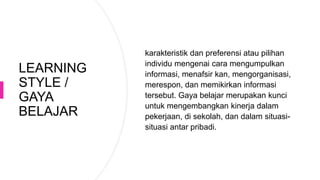 LEARNING
STYLE /
GAYA
BELAJAR
karakteristik dan preferensi atau pilihan
individu mengenai cara mengumpulkan
informasi, menafsir kan, mengorganisasi,
merespon, dan memikirkan informasi
tersebut. Gaya belajar merupakan kunci
untuk mengembangkan kinerja dalam
pekerjaan, di sekolah, dan dalam situasi-
situasi antar pribadi.
 