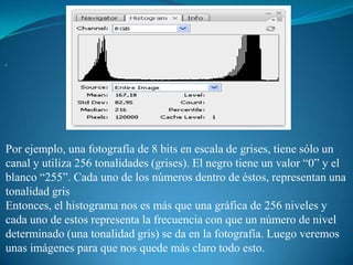. Por ejemplo, una fotografía de 8 bits en escala de grises, tiene sólo un canal y utiliza 256 tonalidades (grises). El negro tiene un valor “0” y el blanco “255”. Cada uno de los números dentro de éstos, representan una tonalidad grisEntonces, el histograma nos es más que una gráfica de 256 niveles y cada uno de estos representa la frecuencia con que un número de nivel determinado (una tonalidad gris) se da en la fotografía. Luego veremos unas imágenes para que nos quede más claro todo esto.