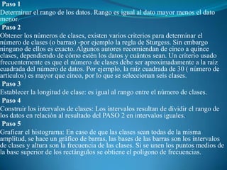 Paso 1 Determinar el rango de los datos. Rango es igual al dato mayor menos el dato menor. Paso 2 Obtener los números de clases, existen varios criterios para determinar el número de clases (o barras) -por ejemplo la regla de Sturgess. Sin embargo ninguno de ellos es exacto. Algunos autores recomiendan de cinco a quince clases, dependiendo de cómo estén los datos y cuántos sean. Un criterio usado frecuentemente es que el número de clases debe ser aproximadamente a la raíz cuadrada del número de datos. Por ejemplo, la raíz cuadrada de 30 ( número de artículos) es mayor que cinco, por lo que se seleccionan seis clases. Paso 3 Establecer la longitud de clase: es igual al rango entre el número de clases. Paso 4 Construir los intervalos de clases: Los intervalos resultan de dividir el rango de los datos en relación al resultado del PASO 2 en intervalos iguales. Paso 5 Graficar el histograma: En caso de que las clases sean todas de la misma amplitud, se hace un gráfico de barras, las bases de las barras son los intervalos de clases y altura son la frecuencia de las clases. Si se unen los puntos medios de la base superior de los rectángulos se obtiene el polígono de frecuencias.