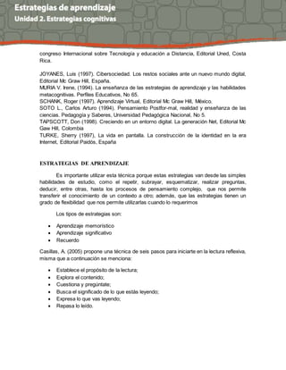 congreso Internacional sobre Tecnología y educación a Distancia, Editorial Uned, Costa
Rica.
JOYANES, Luis (1997). Cibersociedad. Los restos sociales ante un nuevo mundo digital,
Editorial Mc Graw Hill, España.
MURIA V. Irene, (1994). La enseñanza de las estrategias de aprendizaje y las habilidades
metacognitivas. Perfiles Educativos, No 65.
SCHANK, Roger (1997). Aprendizaje Virtual, Editorial Mc Graw Hill, México.
SOTO L., Carlos Arturo (1994). Pensamiento Postfor-mal, realidad y enseñanza de las
ciencias. Pedagogía y Saberes, Universidad Pedagógica Nacional, No 5.
TAPSCOTT, Don (1998). Creciendo en un entorno digital. La generación Net, Editorial Mc
Gaw Hill, Colombia
TURKE, Sherry (1997), La vida en pantalla. La construcción de la identidad en la era
Internet, Editorial Paidós, España
ESTRATEGIAS DE APRENDIZAJE
Es importante utilizar esta técnica porque estas estrategias van desde las simples
habilidades de estudio, como el repetir, subrayar, esquematizar, realizar preguntas,
deducir, entre otras, hasta los procesos de pensamiento complejo, que nos permite
transferir el conocimiento de un contexto a otro; además, que las estrategias tienen un
grado de flexibilidad que nos permite utilizarlas cuando lo requerimos
Los tipos de estrategias son:
 Aprendizaje memorístico
 Aprendizaje significativo
 Recuerdo
Casillas, A. (2005) propone una técnica de seis pasos para iniciarte en la lectura reflexiva,
misma que a continuación se menciona:
 Establece el propósito de la lectura;
 Explora el contenido;
 Cuestiona y pregúntate;
 Busca el significado de lo que estás leyendo;
 Expresa lo que vas leyendo;
 Repasa lo leído.
 