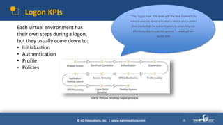 © eG Innovations, Inc. | www.eginnovations.com
Logon KPIs
19
“The “logon time” KPI deals with the time it takes from
when a user sits down in front of a device and submits
their credentials for authentication, to when they can
effectively start to use the system. ” – www.james-
rankin.com
Each virtual environment has
their own steps during a logon,
but they usually come down to:
• Initialization
• Authentication
• Profile
• Policies
Citrix Virtual Desktop logon process
 