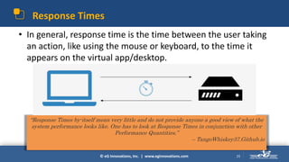 © eG Innovations, Inc. | www.eginnovations.com
Response Times
• In general, response time is the time between the user taking
an action, like using the mouse or keyboard, to the time it
appears on the virtual app/desktop.
23
“Response Times by-itself mean very little and do not provide anyone a good view of what the
system performance looks like. One has to look at Response Times in conjunction with other
Performance Quantities.”
– TangoWhiskey37.Github.io
 