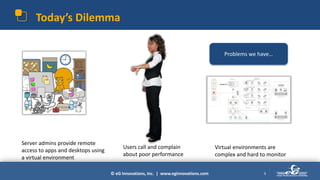 © eG Innovations, Inc. | www.eginnovations.com
Today’s Dilemma
3
Server admins provide remote
access to apps and desktops using
a virtual environment
Users call and complain
about poor performance
Virtual environments are
complex and hard to monitor
Problems we have…
 