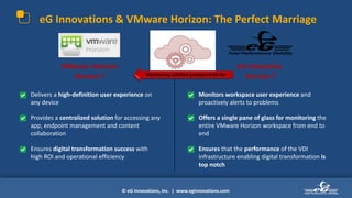 © eG Innovations, Inc. | www.eginnovations.com
eG Innovations & VMware Horizon: The Perfect Marriage
eG Enterprise
Version 7
VMware Horizon
Version 7
• Monitors workspace user experience and
proactively alerts to problems
• Offers a single pane of glass for monitoring the
entire VMware Horizon workspace from end to
end
• Ensures that the performance of the VDI
infrastructure enabling digital transformation is
top notch
• Delivers a high-definition user experience on
any device
• Provides a centralized solution for accessing any
app, endpoint management and content
collaboration
• Ensures digital transformation success with
high ROI and operational efficiency
Monitoring solution purpose-built for
 