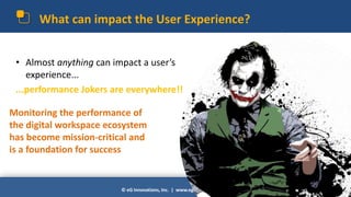 © eG Innovations, Inc. | www.eginnovations.com
What can impact the User Experience?
6
• Almost anything can impact a user’s
experience...
...performance Jokers are everywhere!!
Monitoring the performance of
the digital workspace ecosystem
has become mission-critical and
is a foundation for success
 