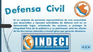 Es un conjunto de personas representativas de una comunidad,
que desarrollan y ejecutan actividades de defensa civil en un
determinado lugar, orientando las acciones a proteger la
integridad física de la población y su patrimonio, ante los efectos
de los fenómenos naturales o tecnológicos que generan desastres.
 