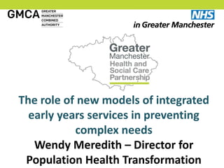 The role of new models of integrated
early years services in preventing
complex needs
Wendy Meredith – Director for
Population Health Transformation
 