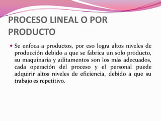 PROCESO LINEAL O POR
PRODUCTO
 Se enfoca a productos, por eso logra altos niveles de
 producción debido a que se fabrica un solo producto,
 su maquinaria y aditamentos son los más adecuados,
 cada operación del proceso y el personal puede
 adquirir altos niveles de eficiencia, debido a que su
 trabajo es repetitivo.
 