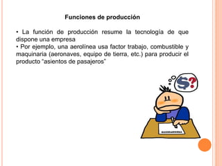 Funciones de producción
• La función de producción resume la tecnología de que
dispone una empresa
• Por ejemplo, una aerolínea usa factor trabajo, combustible y
maquinaria (aeronaves, equipo de tierra, etc.) para producir el
producto “asientos de pasajeros”
 