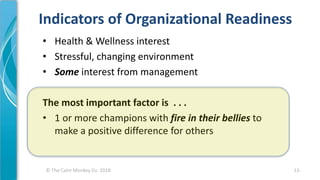 © The Calm Monkey Co. 2018
Indicators of Organizational Readiness
• Health & Wellness interest
• Stressful, changing environment
• Some interest from management
The most important factor is . . .
• 1 or more champions with fire in their bellies to
make a positive difference for others
13-
 