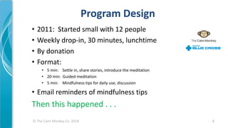 © The Calm Monkey Co. 2018 8
Program Design
• 2011: Started small with 12 people
• Weekly drop-in, 30 minutes, lunchtime
• By donation
• Format:
• 5 min: Settle in, share stories, introduce the meditation
• 20 min: Guided meditation
• 5 min: Mindfulness tips for daily use, discussion
• Email reminders of mindfulness tips
Then this happened . . .
 