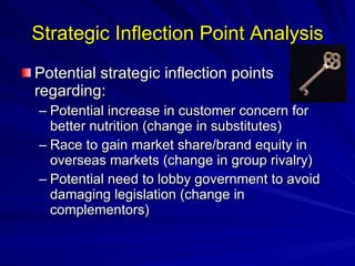 Strategic Inflection Point Analysis Potential strategic inflection points regarding: Potential increase in customer concern for better nutrition (change in substitutes) Race to gain market share/brand equity in overseas markets (change in group rivalry) Potential need to lobby government to avoid damaging legislation (change in complementors) 