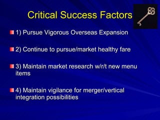 Critical Success Factors 1) Pursue Vigorous Overseas Expansion 2) Continue to pursue/market healthy fare 3) Maintain market research w/r/t new menu items 4) Maintain vigilance for merger/vertical integration possibilities 