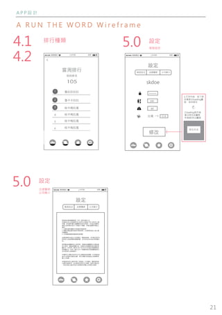 21
COMMA
逗點
Our oﬃce is something we are proud of.
We call it the little magnet;
it is desired to come here anthen impossible to leave.
After winning the ﬁrst place in“Interior of the Year 2014”
competition it became known worldwide.
To enjoy the arts
Contact Information
電話 0384736253
信箱 hahaha22@diu.eii.tw
營業時間 每日09:00-17:00
傳真 0483928302
@comma Popsicle .comma.design .wendy yang
15 16 17 18 19 20 21
22 23 24 25 26 27 28
29 30 31
其他場地:
影知森
木心坊
金澤寧
洞庭湖 目黑場
荒野屋
蘅蕪苑
孟風軒
紅磨坊 陶淵明
Comment
評價
拉魯拉魯拉嚕拉
拉魯拉魯拉嚕拉
拉魯拉魯拉嚕拉
2015.07.09
拉魯拉魯拉嚕拉
拉魯拉魯拉嚕拉
拉魯拉魯拉嚕拉
2015.07.09
沒歸
心靈
Contact Information
電話 0384736253
信箱 hahaha22@diu.eii.tw
營業時間 每日09:00-17:00
傳真 0483928302
@comma Popsicle .comma.design .wendy yang
A P P 設 計
A R U N T H E W O R D W i r e f r a m eA R U N T H E W O R D W i r e f r a m e
啦啦電信 上午9:00 83%
當周排行
105
妳的排名
魯拉拉拉拉1
魯不卡拉拉2
哈不嗚拉魔
哈不嗚拉魔
哈不嗚拉魔
哈不嗚拉魔
3
4
5
6
4.1
4.2
排行種類
5.0 啦啦電信 上午9:00 83%
達成
200Km
未達成
台灣 香港
RUN
800Km
啦啦電信 上午9:00 83%
設定
帳號設定 公司簡介法律聲明
法律聲明
公司簡介
美商明尼蘇達礦業製造（3M）股份有限公司
本網站內含之各項資料均已由3M公司登記1995-2006年之著
作權，所有著作權之相關權利均由3M保有。3M茲此授權本
網站之使用者在符合下列條件下閱覽、印製及散播本網站之
資料：
1. 本網站資料僅限於內部資訊用途使用。
2. 複製本網站資料或其任何部份時，必須同時加註上述之著
作權聲明。
3. 3M得隨時撤銷或變更前述授權。
本網站資料中述及之任何產品、製程或技術，均可能另受3M
所持有之其他智慧財產權保護，且3M於茲並未為任何授權行
為。
具美國政府機關身份之使用者：美國政府機關對於本網站資
料之使用、複製或揭露行為，均須符合美國聯邦政府國防採
購法令（DFARS）第252.227-7013(c)(1)(ii)條及美國聯邦政
府採購法令（FAR）第52.227-19條暨其他任何後續應適用之
法令所規定之限制條件。
3M暨3M之標誌均為3M公司之商標或註冊商標。於本網站所
述及之其他所有產品名稱，則分別屬於各該產品之商標專用
權人之商標。
本網站所包含之資訊均係「依現狀」方式提供，僅供使用者
之資訊用途參考，並未附帶任何形式之保證（包括可商品性
、特定用途之適合性或不具侵害性有關之任何默示保證）。
設定
5.0
啦啦電信 上午9:00 83%
達成
200Km
未達成
台灣 香港
RUN
800Km
1.打完內容，按下修
改會跑出loading畫
面，等待修改
啦啦電信 上午9:00 83%
設定
帳號設定 公司簡介法律聲明
修改
台灣
skdoe
*******
190
80
日本
2.loading跑完後
會出現完成畫面
然後跳回5.0畫面
啦啦電信 上午9:00 83%
Km
00km
修改完成
帳號設定
設定
 