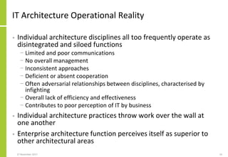 IT Architecture Operational Reality
• Individual architecture disciplines all too frequently operate as
disintegrated and siloed functions
− Limited and poor communications
− No overall management
− Inconsistent approaches
− Deficient or absent cooperation
− Often adversarial relationships between disciplines, characterised by
infighting
− Overall lack of efficiency and effectiveness
− Contributes to poor perception of IT by business
• Individual architecture practices throw work over the wall at
one another
• Enterprise architecture function perceives itself as superior to
other architectural areas
27 November 2017 10
 