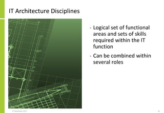 IT Architecture Disciplines
• Logical set of functional
areas and sets of skills
required within the IT
function
• Can be combined within
several roles
27 November 2017 30
 