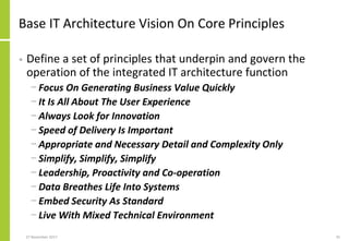 Base IT Architecture Vision On Core Principles
• Define a set of principles that underpin and govern the
operation of the integrated IT architecture function
− Focus On Generating Business Value Quickly
− It Is All About The User Experience
− Always Look for Innovation
− Speed of Delivery Is Important
− Appropriate and Necessary Detail and Complexity Only
− Simplify, Simplify, Simplify
− Leadership, Proactivity and Co-operation
− Data Breathes Life Into Systems
− Embed Security As Standard
− Live With Mixed Technical Environment
27 November 2017 35
 