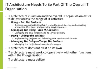 IT Architecture Needs To Be Part Of The Overall IT
Organisation
• IT architectures function and the overall IT organisation exists
to deliver across the range of IT activities
− Doing – Run The Business
• Business as usual activities (BAU) related to administering and operating
production IT systems and providing service to users
− Managing The Doing – Run The Business
• Managing the BAU function and its service delivery
− Doing – Change the Business
• Implementing projects and delivering new services and systems
− Managing The Doing – Change The Business
• Managing the projects and associated changes
• IT architecture does not exist on its own
• IT architecture must work co-operatively with other functions
within the IT organisation
• IT architecture must deliver
27 November 2017 56
 