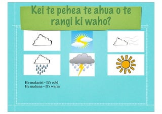 Kei te pehea te ahua o te
rangi ki waho?
He makariri - It’s cold
He mahana - It’s warm
 