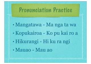 Pronunciation Practice
• Mangatawa - Ma nga ta wa
• Kopukairoa - Ko pu kai ro a
• Hikurangi - Hi ku ra ngi
• Mauao - Mau ao
 