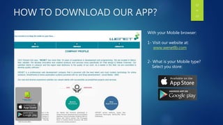 12
OF
13
HOW TO DOWNLOAD OUR APP?
With your Mobile browser:
1- Visit our website at:
www.wenetlb.com
2- What is your Mobile type?
Select you store:
 
