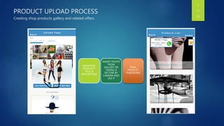 PRODUCT UPLOAD PROCESS
Creating shop products gallery and related offers
Enter title text…
Enter description text…
INSERTING
PRODTUCT
TITLE &
DESCRIPTION
INSERT PHOTO
FROM
GALLERY OR
TAKING A
PICTURE BY
CAMERA AND
USE IT
FINAL
PRODUCT
PUBLISHING
7
OF
13
 