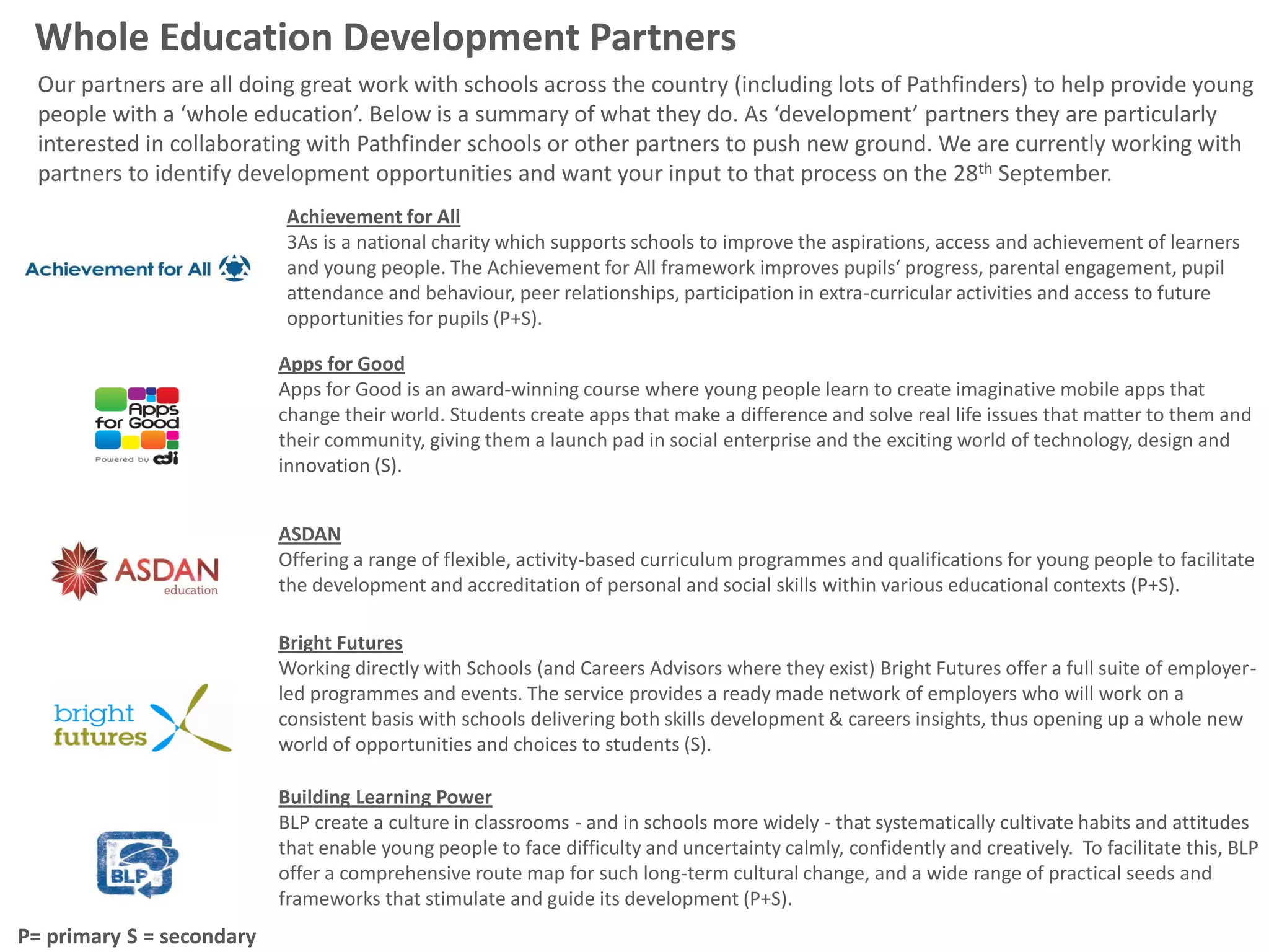 Whole Education Development Partners
  Our partners are all doing great work with schools across the country (including lots of Pathfinders) to help provide young
  people with a ‘whole education’. Below is a summary of what they do. As ‘development’ partners they are particularly
  interested in collaborating with Pathfinder schools or other partners to push new ground. We are currently working with
  partners to identify development opportunities and want your input to that process on the 28th September.
                           Achievement for All
                           3As is a national charity which supports schools to improve the aspirations, access and achievement of learners
                           and young people. The Achievement for All framework improves pupils‘ progress, parental engagement, pupil
                           attendance and behaviour, peer relationships, participation in extra-curricular activities and access to future
                           opportunities for pupils (P+S).

                           Apps for Good
                           Apps for Good is an award-winning course where young people learn to create imaginative mobile apps that
                           change their world. Students create apps that make a difference and solve real life issues that matter to them and
                           their community, giving them a launch pad in social enterprise and the exciting world of technology, design and
                           innovation (S).


                           ASDAN
                           Offering a range of flexible, activity-based curriculum programmes and qualifications for young people to facilitate
                           the development and accreditation of personal and social skills within various educational contexts (P+S).

                           Bright Futures
                           Working directly with Schools (and Careers Advisors where they exist) Bright Futures offer a full suite of employer-
                           led programmes and events. The service provides a ready made network of employers who will work on a
                           consistent basis with schools delivering both skills development & careers insights, thus opening up a whole new
                           world of opportunities and choices to students (S).

                           Building Learning Power
                           BLP create a culture in classrooms - and in schools more widely - that systematically cultivate habits and attitudes
                           that enable young people to face difficulty and uncertainty calmly, confidently and creatively. To facilitate this, BLP
                           offer a comprehensive route map for such long-term cultural change, and a wide range of practical seeds and
                           frameworks that stimulate and guide its development (P+S).
P= primary S = secondary
 