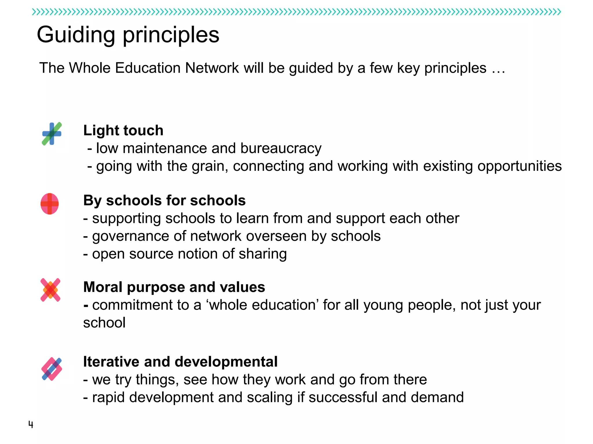 Guiding principles
    The Whole Education Network will be guided by a few key principles …



          Light touch
          - low maintenance and bureaucracy
          - going with the grain, connecting and working with existing opportunities

          By schools for schools
          - supporting schools to learn from and support each other
          - governance of network overseen by schools
          - open source notion of sharing

          Moral purpose and values
          - commitment to a ‘whole education’ for all young people, not just your
          school

          Iterative and developmental
          - we try things, see how they work and go from there
          - rapid development and scaling if successful and demand
4
 