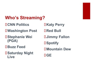 Who’s Streaming?
CNN Politics
Washington Post
Stephanie Wei
(PGA)
Buzz Feed
Saturday Night
Live
Katy Perry
Red Bull
Jimmy Fallon
Spotify
Mountain Dew
GE
 
