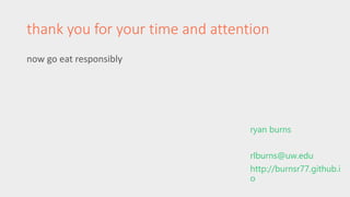 thank you for your time and attention 
now go eat responsibly 
ryan burns 
rlburns@uw.edu 
http://burnsr77.github.i 
o 
 