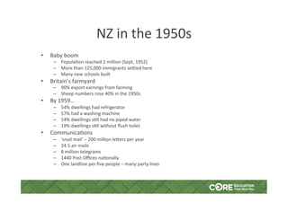NZ	in	the	1950s	
•  Baby	boom	
–  Popula@on	reached	2	million	(Sept,	1952)	
–  More	than	125,000	immigrants	se.led	here	
–...