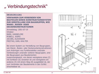 „ Verbindungstechnik“
    DE10135112A1
    VERFAHREN ZUM VERBINDEN VON
    BAUTEILEN SOWIE KONSTRUKTIONSSYSTEM
    ZUR HERSTELLUNG VON BAUGRUPPEN, WIE
    WAND-, BODEN- ODER
    DECKENKONSTRUKTIONEN
    Anmeldetag: 2001-07-19
    Inhaber:
    BARK, HANNELORE
    ROBELS, JOERG
    JACOBS, ALEXANDER
    FREITAG, KARL-WALTER

    Bei einem System zur Herstellung von Baugruppen,
    wie Wand-, Boden- oder Deckenunterkonstruktionen
    zum Anbringen von Funktionsteilen und/oder
    Verkleidungen und/oder weiterer Baugruppen, sind
    die Baugruppen aus Bauelementen
    zusammengesetzt, von denen wenigstens eines (2)
    mit Schlitzen (6) versehen ist und wenigstens ein
    anderes (4) mit einem Steg (8) ausgebildet ist, der
    zum Verbinden der Bauelemente in den Schlitz
    einschiebbar ist.

© 2006 ISN                                            14
 