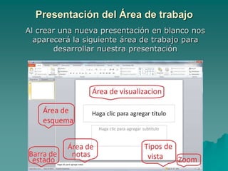 Presentación del Área de trabajo
Al crear una nueva presentación en blanco nos
aparecerá la siguiente área de trabajo para
desarrollar nuestra presentación
 