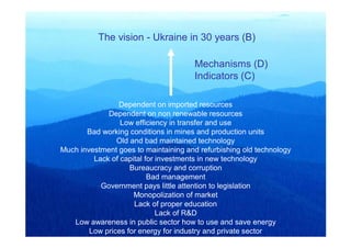 The vision - Ukraine in 30 years (B)

                                       Mechanisms (D)
                                       Indicators (C)

                Dependent on imported resources
             Dependent on non renewable resources
                 Low efficiency in transfer and use
       Bad working conditions in mines and production units
                Old and bad maintained technology
Much investment goes to maintaining and refurbishing old technology
         Lack of capital for investments in new technology
                    Bureaucracy and corruption
                          Bad management
           Government pays little attention to legislation
                     Monopolization of market
                     Lack of proper education
                             Lack of R&D
   Low awareness in public sector how to use and save energy
        Low prices for energy for industry and private sector
 