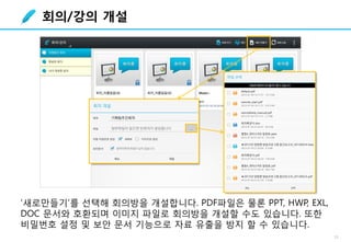 13
‘새로만들기’를 선택해 회의방을 개설합니다. PDF파일은 물론 PPT, HWP, EXL,
DOC 문서와 호환되며 이미지 파일로 회의방을 개설할 수도 있습니다. 또한
비밀번호 설정 및 보안 문서 기능으로 자료 유출을 방지 할 수 있습니다.
회의/강의 개설
 