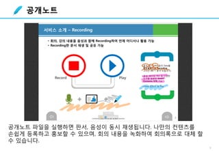 9
공개노트 파일을 실행하면 판서, 음성이 동시 재생됩니다. 나만의 컨텐츠를
손쉽게 등록하고 홍보할 수 있으며, 회의 내용을 녹화하여 회의록으로 대체 할
수 있습니다.
공개노트
 