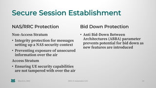 Secure Session Establishment
NAS/RRC Protection
Non-Access Stratum
• Integrity protection for messages
setting up a NAS se...