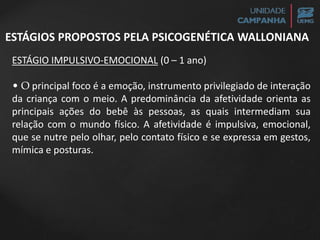 ESTÁGIOS PROPOSTOS PELA PSICOGENÉTICA WALLONIANA
ESTÁGIO IMPULSIVO-EMOCIONAL (0 – 1 ano)
• O principal foco é a emoção, instrumento privilegiado de interação
da criança com o meio. A predominância da afetividade orienta as
principais ações do bebê às pessoas, as quais intermediam sua
relação com o mundo físico. A afetividade é impulsiva, emocional,
que se nutre pelo olhar, pelo contato físico e se expressa em gestos,
mímica e posturas.
 