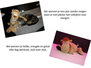 We wensen je een jaar zonder zorgen
waar je met plezier kan uitkijken naar
morgen.

We wensen je liefde, vreugde en geluk
elke dag opnieuw, stuk voor stuk.

 