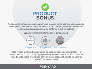 Voçê recebe o signup bonus quando as suas pernas estão equilibradas (1/3
numa perna e 2/3 na outra.). O pagamento é feito em passos de 400 pontos. O
valor de cada passo é varíável e correntemente está estabelecido um valor de
40€ (30 de janeiro 2014)
Todos os membros que entram na wenyard consigo como sponsor são colocados
ou na perna direita ou na perna esquerda. Você pode programar se prefere que
sejam colocado aliatoriamente ou conforme a sua preferência.
100 pontos 300 pontos 800 pontos
Cada novo membro referido por si gera pontos p
 