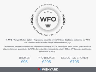 A WFO - Wenyard Future Option – Representa a quantia em EUROS que dispões na plataforma os. WFO
são convertidos em W-SHARES que são utilizadas no jogo
Os diferentes pacotes iniciais incluem diferentes quantias de WFOs, de qualquer forma pode a qualquer altura
adquirir diferentes quantidades de WFOs.Como também necessita de adquirir 10€ de WFOs para a qualificação
semanal de BONUS
BROKER
€95
PRO BROKER
€295
EXECUTIVE BROKER
€795
 