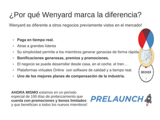 ¿Por qué Wenyard marca la diferencia?
Wenyard es diferente a otros negocios previamente vistos en el mercado!
‣ Paga en tiempo real.
‣ Atrae a grandes líderes
‣ Su simplicidad permite a los miembros generar ganacias de forma rápida.
‣ Bonificaciones generosas, premios y promociones.
‣ El negocio se puede desarrollar desde casa, en el coche, el tren…
‣ Plataformas virtuales Online con software de calidad y a tiempo real.
‣ Uno de los mejores planes de compensación de la industria.

AHORA MISMO estamos en un período
especial de 100 días de prelanzamiento que
cuenta con promociones y bonos limitados
y que benefician a todos los nuevos miembros!

 