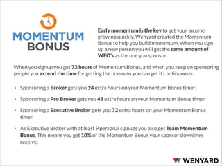 MOMENTUM
BONUS

Early momentum is the key to get your income
growing quickly. Wenyard created the Momentum
Bonus to help you build momentum. When you sign
up a new person you will get the same amount of
WFO’s as the one you sponsor.

When you signup you get 72 hours of Momentum Bonus, and when you keep on sponsoring
people you extend the time for getting the bonus so you can get it continuously.
‣ Sponsoring a Broker gets you 24 extra hours on your Momentum Bonus timer.
‣ Sponsoring a Pro Broker gets you 48 extra hours on your Momentum Bonus timer.
‣ Sponsoring a Executive Broker gets you 72 extra hours on your Momentum Bonus
timer.
‣ As Executive Broker with at least 9 personal signups you also get Team Momentum
Bonus, This means you get 10% of the Momentum Bonus your sponsor downlines
receive.

 