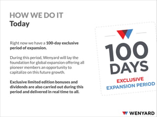 HOW WE DO IT
Today
Right now we have a 100-day exclusive
period of expansion.
!
During this period, Wenyard will lay the
foundation for global expansion offering all
pioneer members an opportunity to
capitalize on this future growth.
!
Exclusive limited edition bonuses and
dividends are also carried out during this
period and delivered in real time to all.

0
0YS
1A
D

XCLUSIVE
E
N PERIOD
EXPANSIO

 