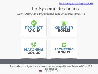 Le Système des bonus
Le meilleur plan compensation dans l’industrie, jamais vu
Tous les bonus exigent que vous continuez à vous qualifié en achetant WFO de 10 €
par semaine
https://wenyard.com/signup/alswell
 